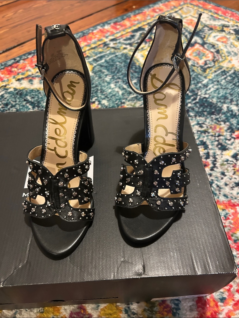 Sam Edelman Black Studded Embellished Block Heel Sandals. NWOB